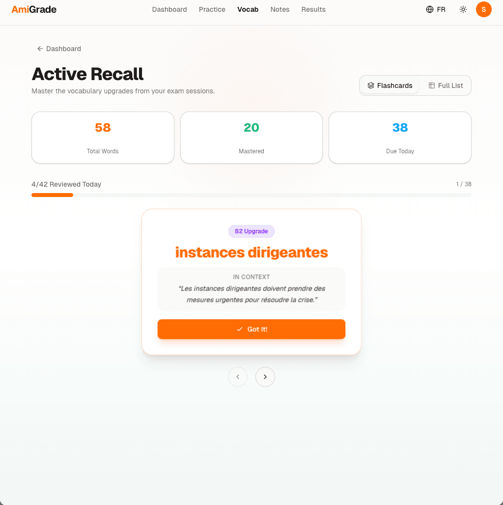 Révise les mots avec synonymes et phrases d'exemple