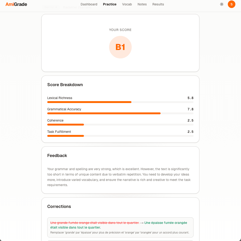 Reçois un score CECR avec corrections ligne par ligne