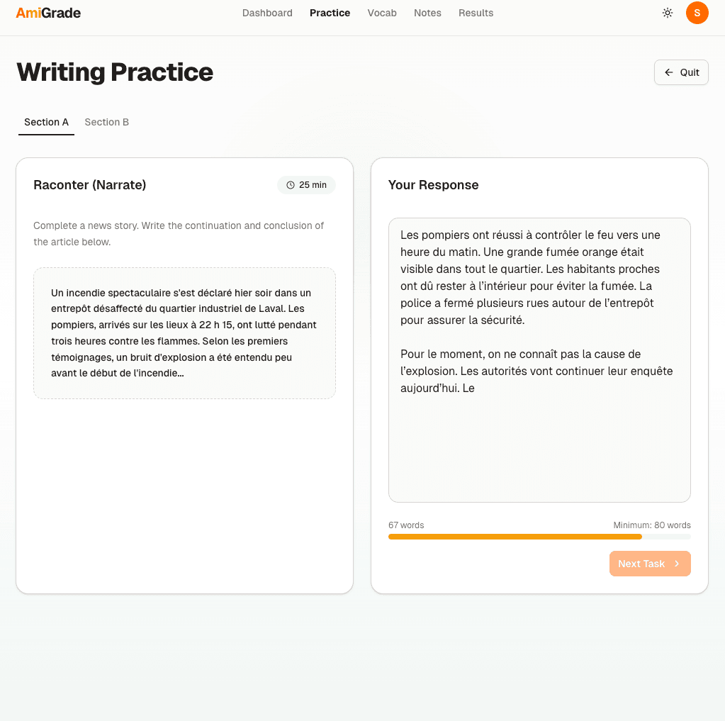 Rédige en conditions réelles d'examen avec suivi de mots